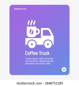 Street cafe contains coffee truck with coffee cup. Flat icon. Vector illustration.