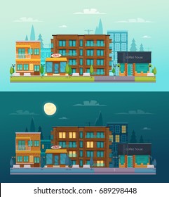 Street Cafe Day Night 2 Flat Horizontal Banners Set With Cafe Restaurant Bar Composition Isolated Vector Illustration 