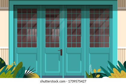 Street Cafe Exterior Modern Coffee Shop Doors Entrance No People Restaurant Facade Closeup Horizontal Vector Illustration