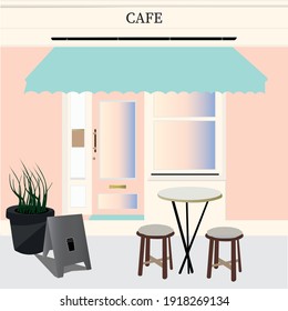 Street cafe facade. Cafe icon. Cafe flat design.Colorful cafe banner in flat cartoon style. Vector illustration. Cool graphic exterior for restaurant business.