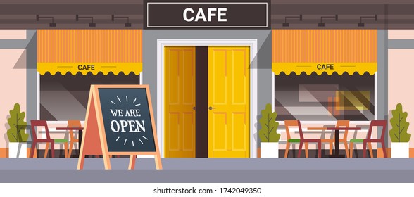 street cafe facade with we are open board urban building house exterior coronavirus quarantine is over horizontal vector illustration