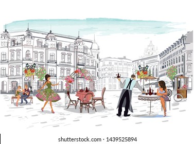 street cafe with fashion people, men and women, in the old city, vector illustration.  