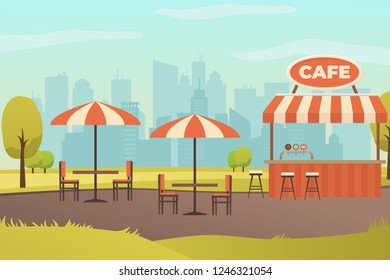 Street Cafe, Fast Food Restaurant or Bar with Outdoor Seating in City Park Flat Vector. Bar Counter with Stripped, Red Canopy and Chairs near Tables with Umbrellas Illustration. Local Small Business