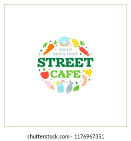 Street cafe fast tasty,round logo emblem symbol,healthy good food concept.Different veggies,dessert,meat,fish nutrition,meal and snacks icons in circle shape on white background