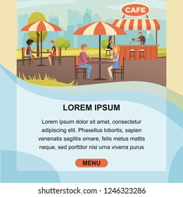 Street Cafe Flat Vector Square Web Banner with Happy People Lunching and Drinking Beverages at Tables in Outdoor Bar or Restaurant. City Public Place with Fast Food Outlet, Holiday Park Landing Page