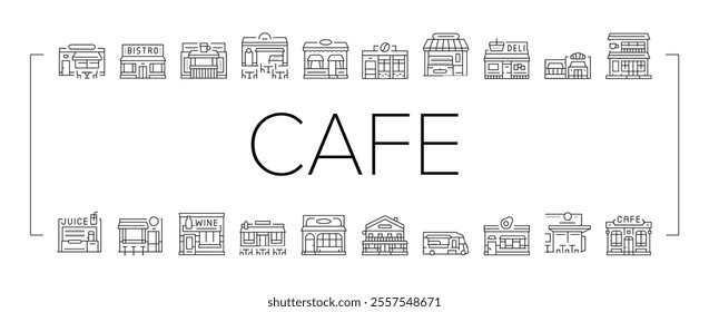 street cafe food burger festival icons set vector. cart fast, stall retro, korean fair, night market, truck cake, sauce soda street cafe food burger festival black contour illustrations