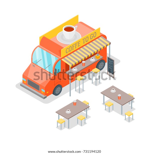 Street Cafe Food Truck\
Isometric View Coffee To Go Concept Web Design Style Cappuccino,\
Espresso, Latte or Mocha Beverage. Vector illustration of Van\
Fastfood