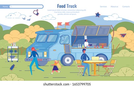 Street Cafe Food Truck Service Flat Landing Page Design. Cartoon Happy People Family Rest in Park Eating at Cafeteria on Wheels. Mobile Fastfood Car. Food Festival Event. Vector Illustration