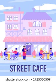 Street cafe front with people eating on open terrace, flat vector illustration.