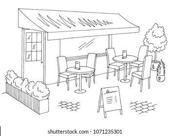 Street Cafe Graphic Black White Sketch Exterior Illustration Vector