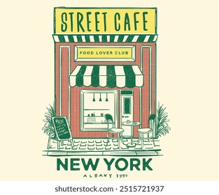 Street cafe graphic print design for t shirt, apparel, posters, background and others. America local food artwork. New York food club.