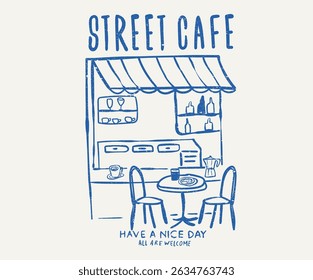 Street cafe graphic print design for t shirt, apparel, posters, background and others. 