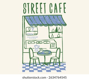 Street cafe graphic print design for t shirt, apparel, posters, background and others. Cafe abstract art design.