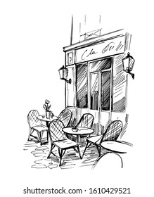 Street cafe. Hand drawn sketch converted to vector.