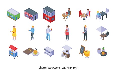 Street Cafe Icons Set Isometric Vector. Adult City. Food Bar