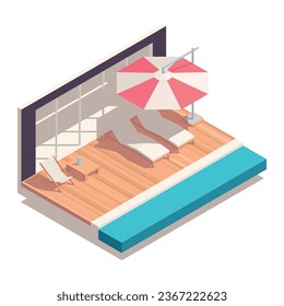 Street cafe isometric concept with lounge chairs under unbrella near swimming pool vector illustration