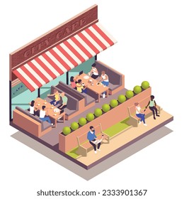 Street cafe isometric concept with people sitting on outdoor terrace vector illustration