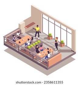 Street cafe isometric concept with people sitting on outdoor terrace vector illustration