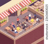 Street cafe isometric concept with restaurant on roof top terrace vector illustration