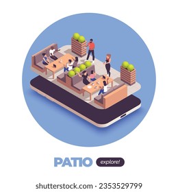 Street cafe isometric concept with restaurant terrace patio vector illustration