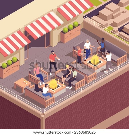 Street cafe isometric concept with restaurant on roof top terrace vector illustration