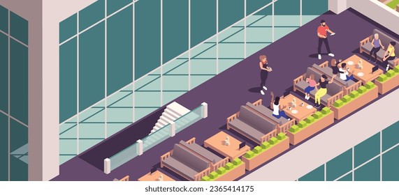 Street cafe isometric concept with roof top terrace vector illustration