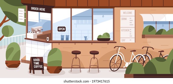 Street cafe kiosk exterior with menu board, furniture and bicycles. Modern takeaway coffee shop. Empty city summer landscape with open bistro and plants. Colored flat vector illustration