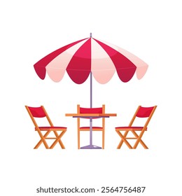 Street Cafe lounge furniture vector flat illustration. Cartoon umbrella, chairs and table. Restaurant patio. Outside furnishing for relaxation. Summer cozy cafeteria terrace with seat under parasol