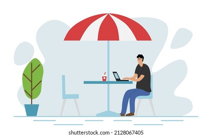 street cafe, a man sitting and using a laptop with a cup of coffee, minimalist illustration