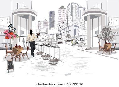 Street cafe in the street of the morden big city. Skyscrapers and traffic. Waiters serves the tables.