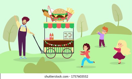 Street cafe national urban park, garden city fast food shop flat vector illustration. Child character play outdoor reserve and devour foodstuff. Male person hamburger boutique, barbeque place.