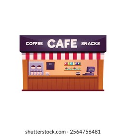 Street Cafe, nd snacks shop house flat icon. Vintage wooden facade of a cafe with a canopy, signboard. Fast food restaurant small building, kiosk. Vector cartoon illustration isolated