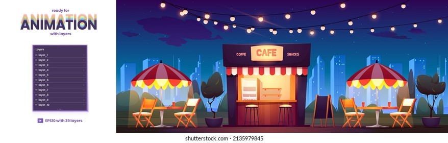 Street cafe at night cityscape background with layers for 2d game animation. Outdoor cafeteria stall with tables and chairs under umbrella and garlands at skyscrapers view, Cartoon vector illustration