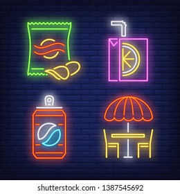 Street cafe, nuts, juice box and drink can neon signs set. Takeaway food, meal, snack design. Night bright neon sign, colorful billboard, light banner. Vector illustration in neon style.