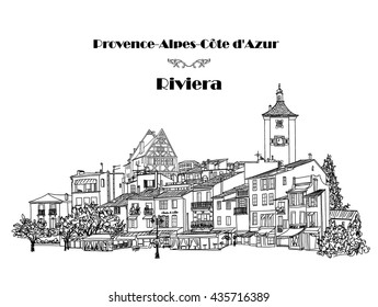 Street Cafe In Old City. Cityscape - Houses, Buildings And Tree On Alleyway. Old City View. European French Riviera Landscape. Pencil Drawn Editable Vector Sketch