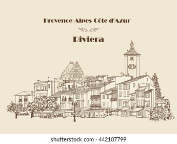 Street Cafe In Old City. Cityscape - Houses, Buildings And Tree On Alleyway. Old City View. European French Riviera Cote D'Azur Landscape. Pencil Drawn Editable Vector Sketch