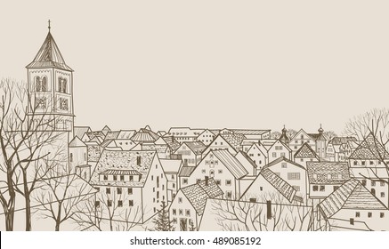 Street Cafe In Old City. Cityscape - Houses, Buildings And Tree On Alleyway. Old City View. Medieval European Castle Landscape. Pencil Drawn Editable Vector Sketch