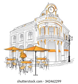 Street Cafe In Old City. Hand Draw Illustration