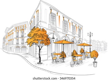 Street cafe in old city. Hand draw illustration