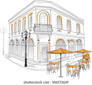 Street cafe in old city. Hand draw illustration