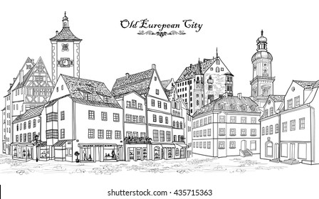 Street cafe. Old city view. European cityscape: house, building, tree. Medieval castle urban landscape  sketch