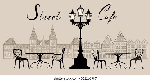 Street cafe in old town. Old city view and street cafe. Dining hours along a european cobblestone alleyway.  Hand drawn sketch graphic illustration