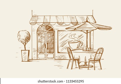 Street cafe in old town vector illustration