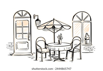 Street cafe in old town vector illustration