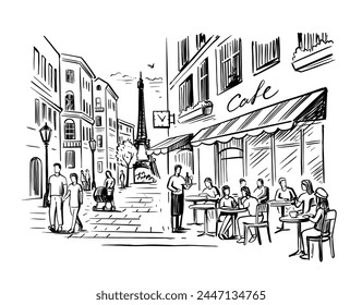 Café en la calle en la Ilustración vectorial de la ciudad vieja con la gente