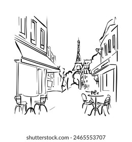 Street cafe in old town vector illustration without people. French Street Cafe doodle sketch 