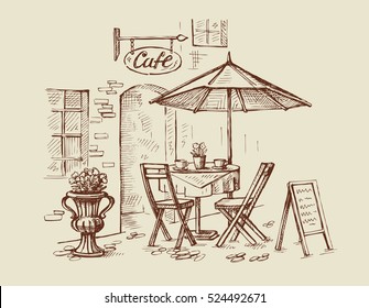 Street cafe in old town vector illustration