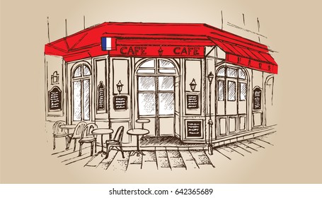 Street Cafe In Old Town Vector Illustration