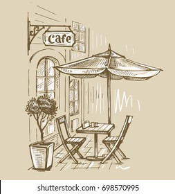 Street cafe in old town vector illustration