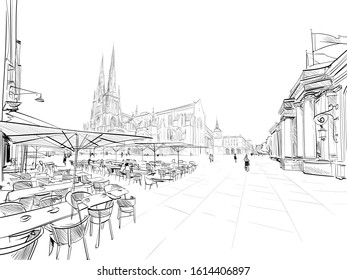 Street cafe on the background of the basilica. Bordeaux. France. Hand drawn sketch. Vector illustration.